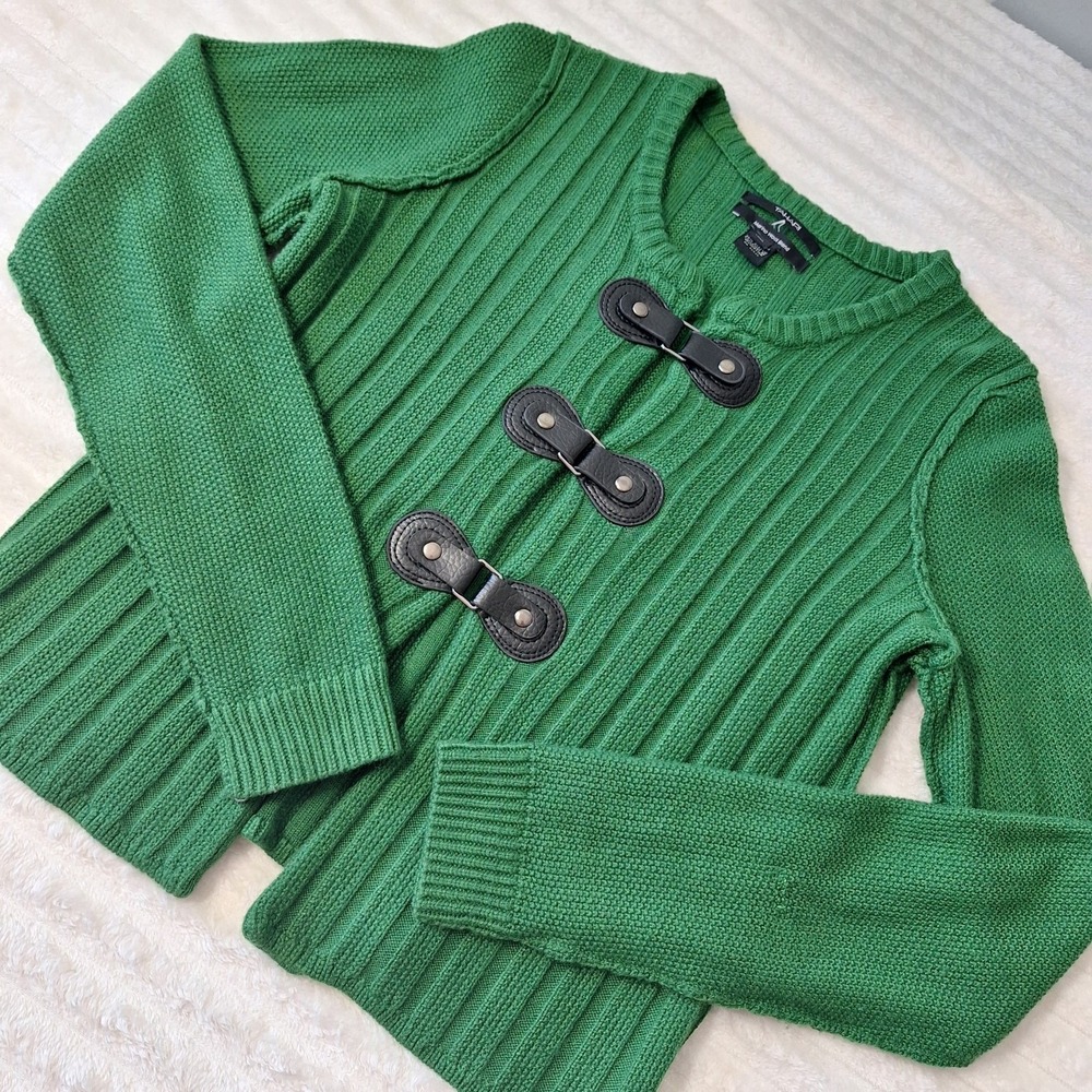 Tahari Ribbed Buckle Front Cardigan Sweater Womens L Kelly Green Equestrian